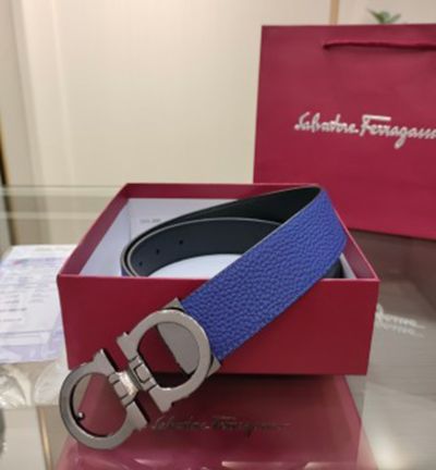 1:1 Ferragamo  Blue&Black Leather Belt  with Silver Logo buckle Copper Buckle 3.5cm